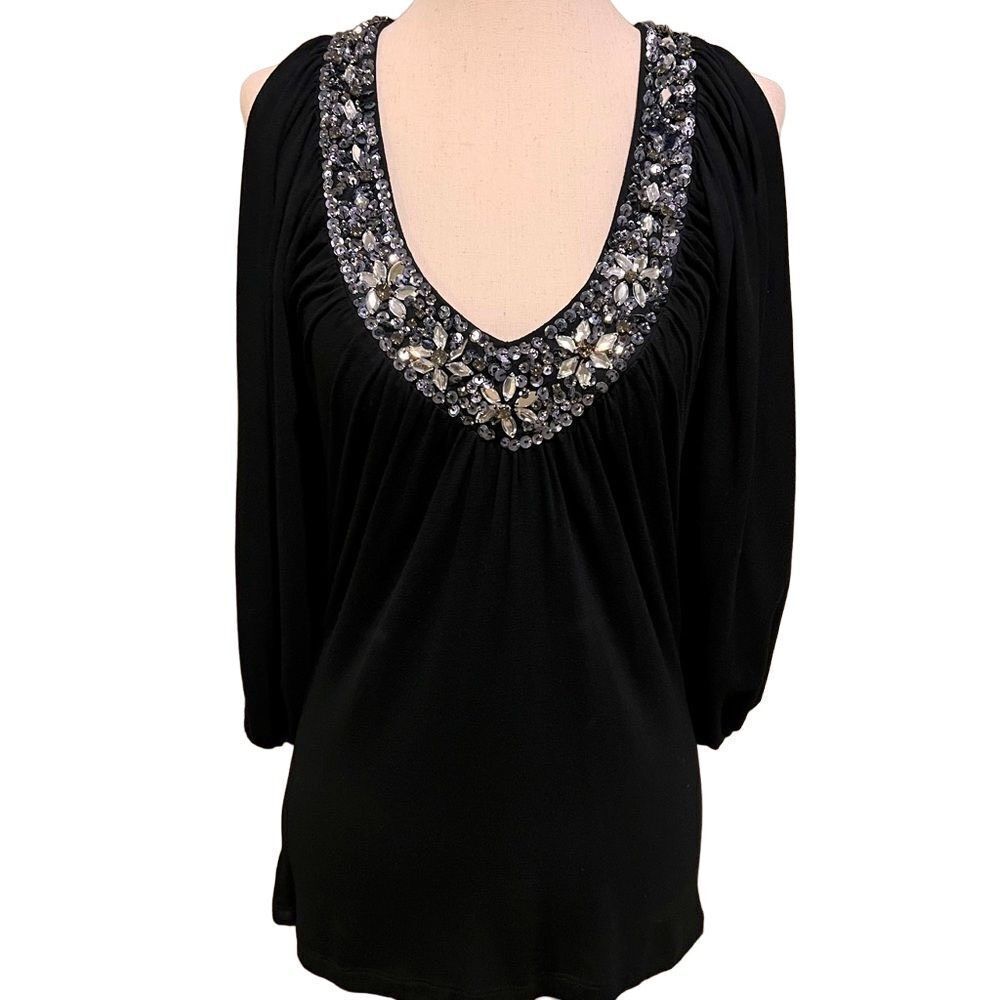 Rain tunic dress women’s small black jeweled deep v-neck loose fit tie neck